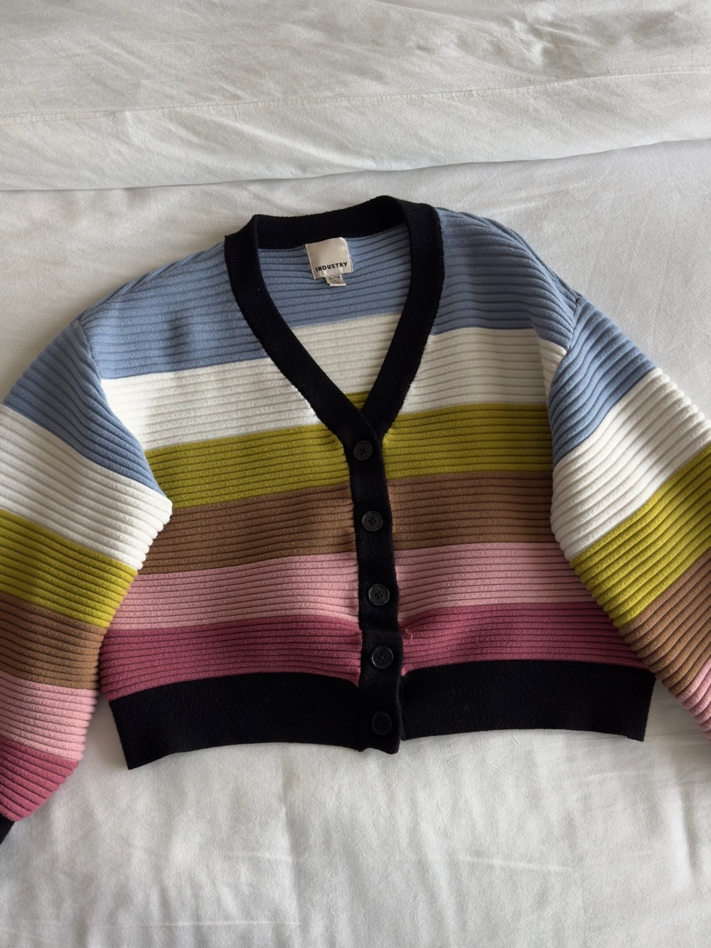 Industry Women's Multicolor Striped Cropped Cardigan - Black Trim